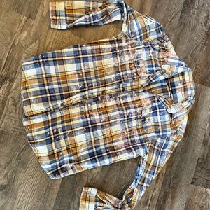 Plaid Button-Up Shirt in Blue, Yellow, and White